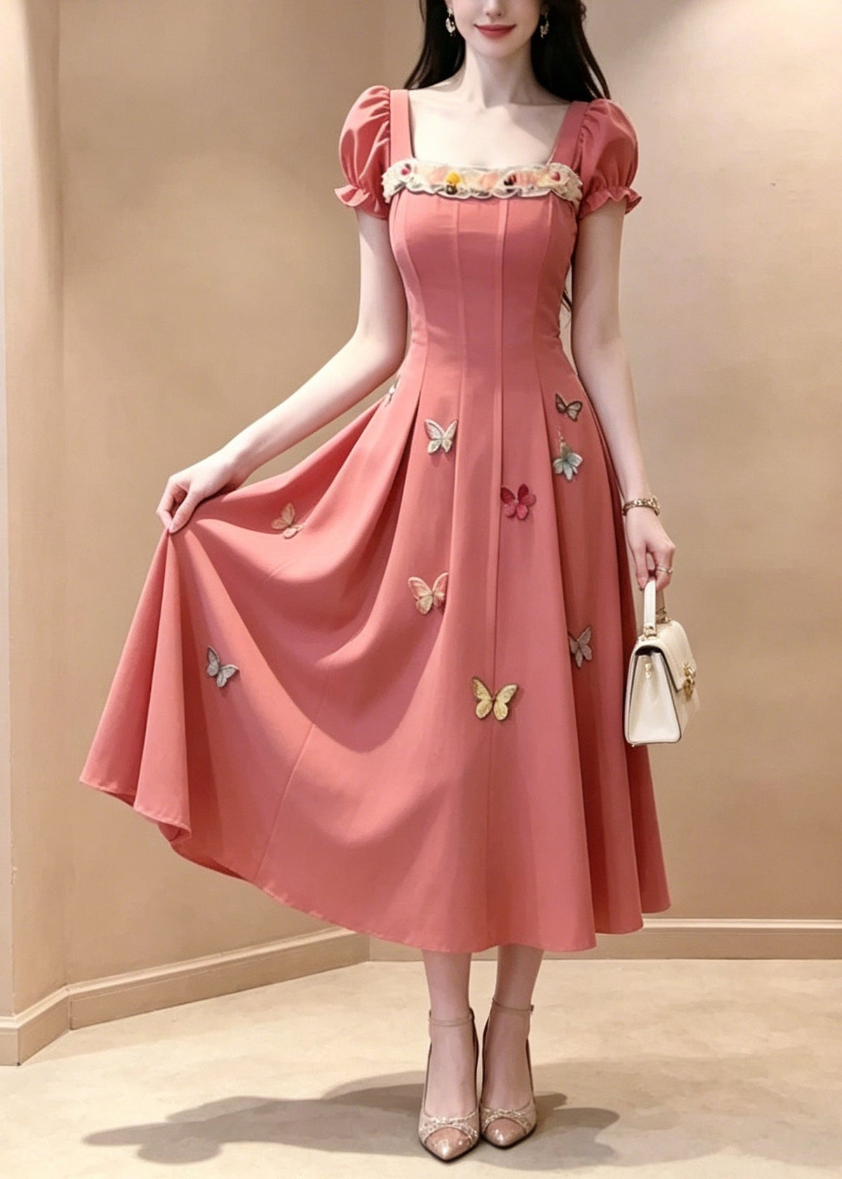 Square Neck Lace Trim 3D Butterfly Appliqué Puff Sleeve Midi Dress