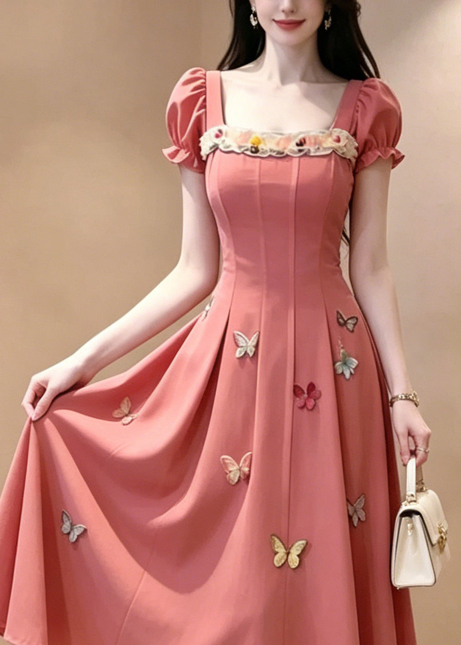 Square Neck Lace Trim 3D Butterfly Appliqué Puff Sleeve Midi Dress