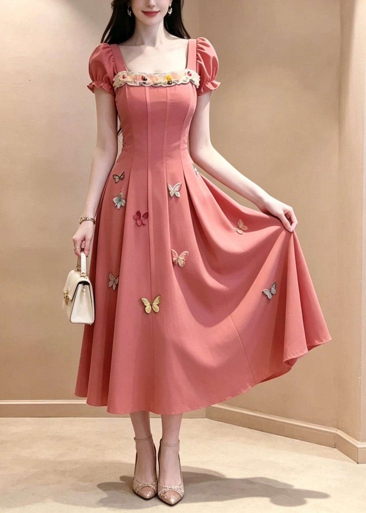 Square Neck Lace Trim 3D Butterfly Appliqué Puff Sleeve Midi Dress