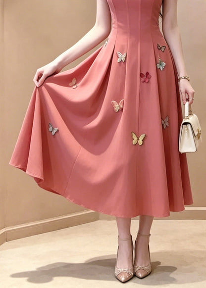 Square Neck Lace Trim 3D Butterfly Appliqué Puff Sleeve Midi Dress