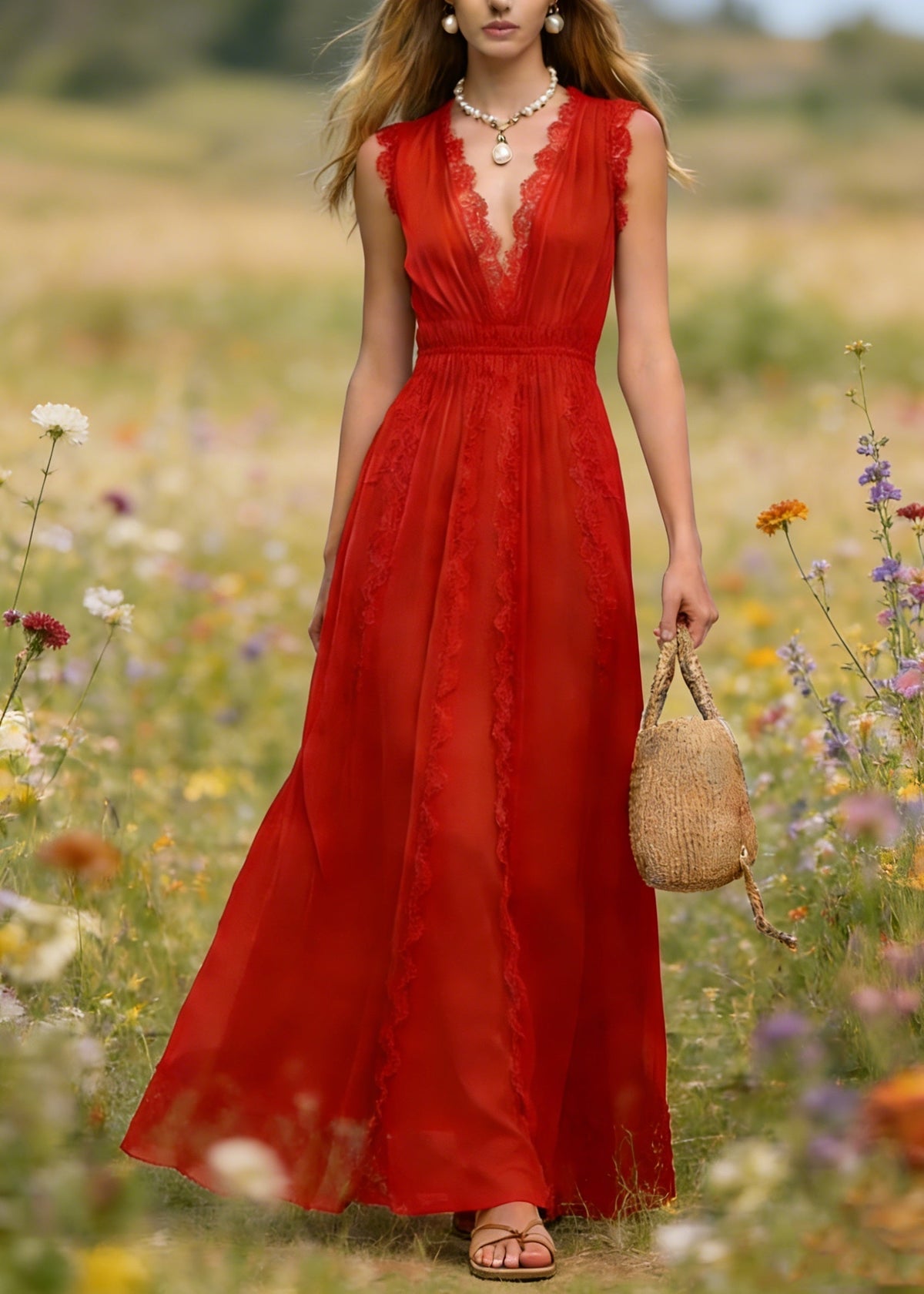 Deep V Neck Sleeveless Lace Panel Insert Column Maxi Dress