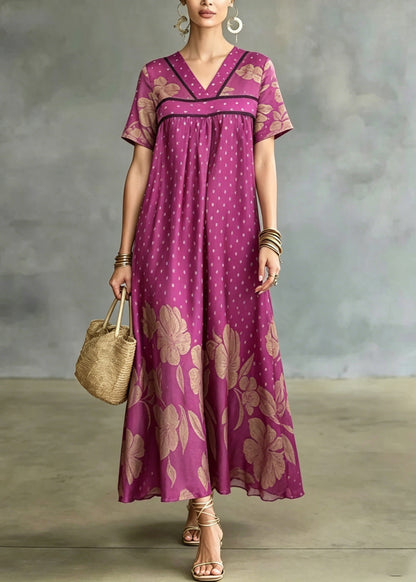 Deep V-Neck Short Sleeve Empire Waist Mixed Print Flared Maxi Gown