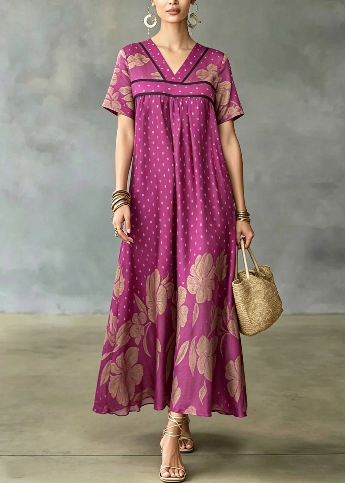 Deep V-Neck Short Sleeve Empire Waist Mixed Print Flared Maxi Gown