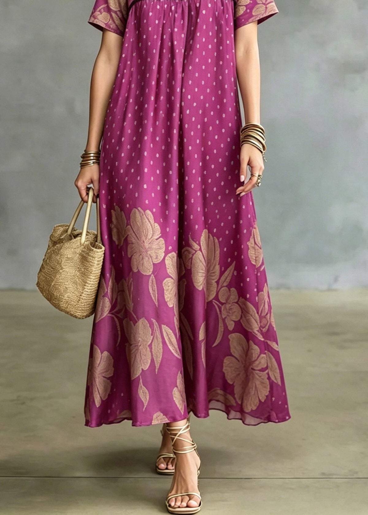 Deep V-Neck Short Sleeve Empire Waist Mixed Print Flared Maxi Gown