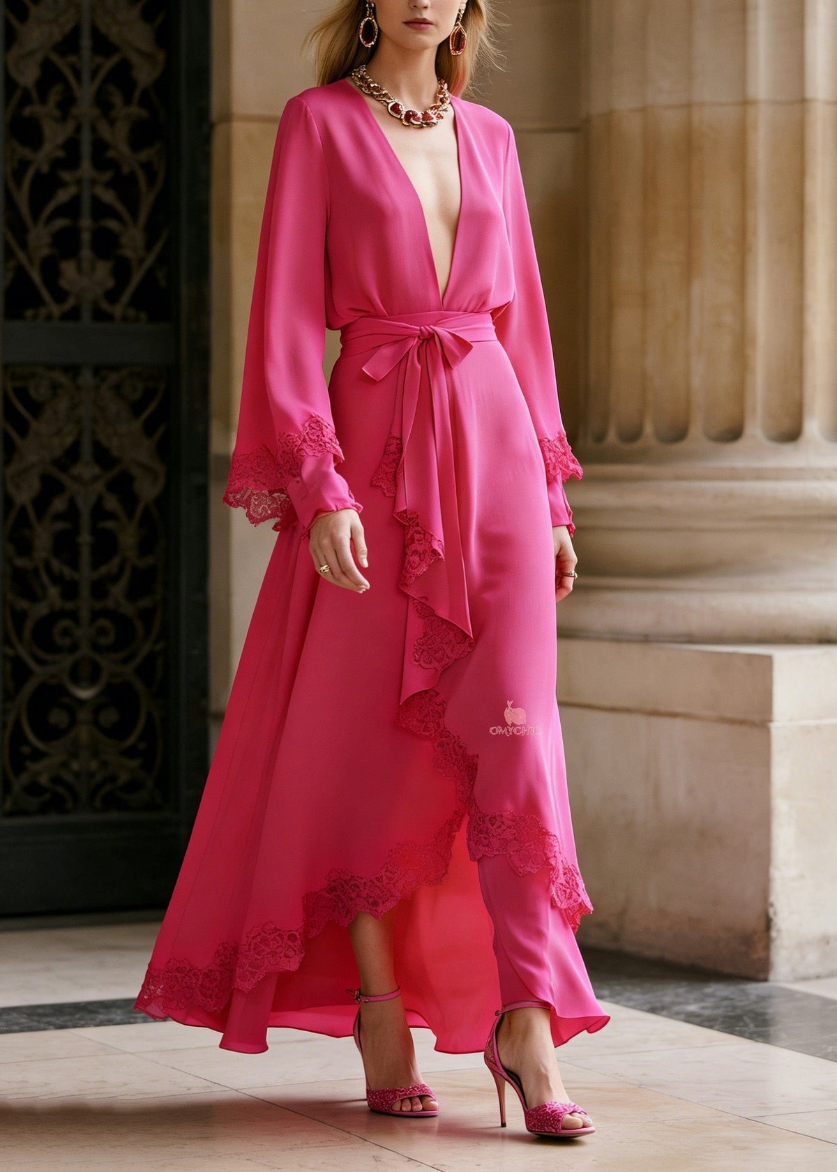 Deep V-Neck Lace Cuff Bell Sleeve Wrap High-Low Lace Hem Maxi Dress