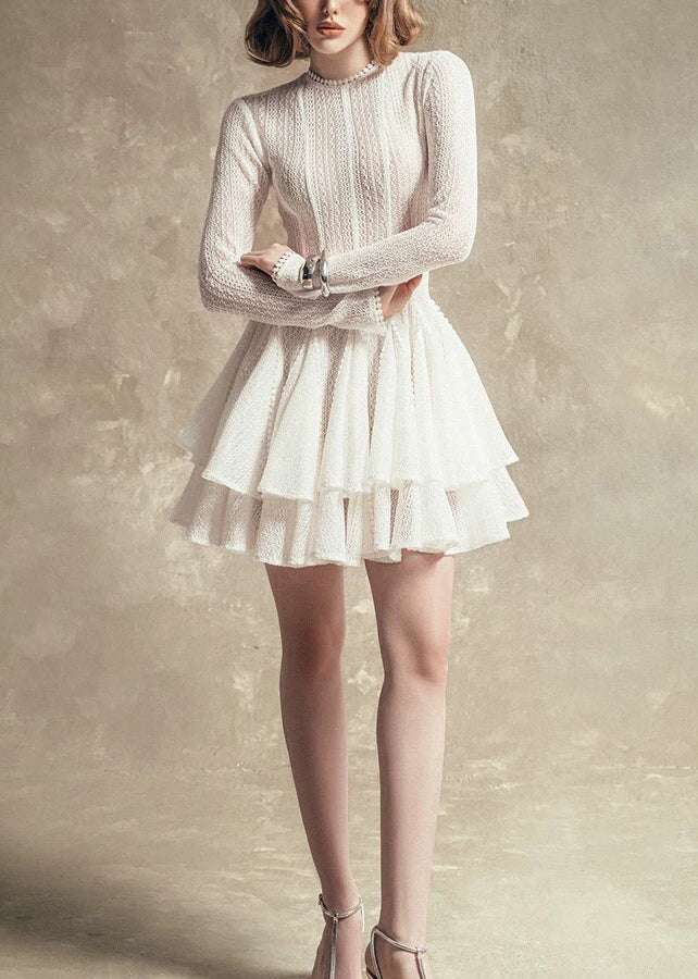 Mock Neck Sheer Lace Vertical Stripe Tiered Ruffle Mini Dress