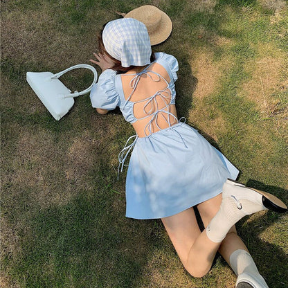 Square Neck Puff Sleeve Side Cutout Mini Dress