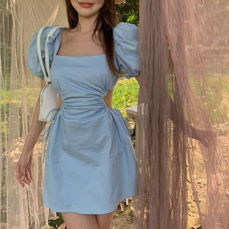 Square Neck Puff Sleeve Side Cutout Mini Dress