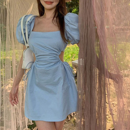 Square Neck Puff Sleeve Side Cutout Mini Dress