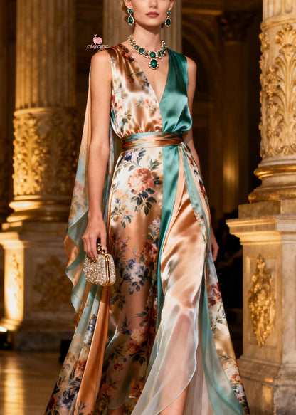 Floral Print V-Neck Cape Sleeve High Slit Maxi Gown
