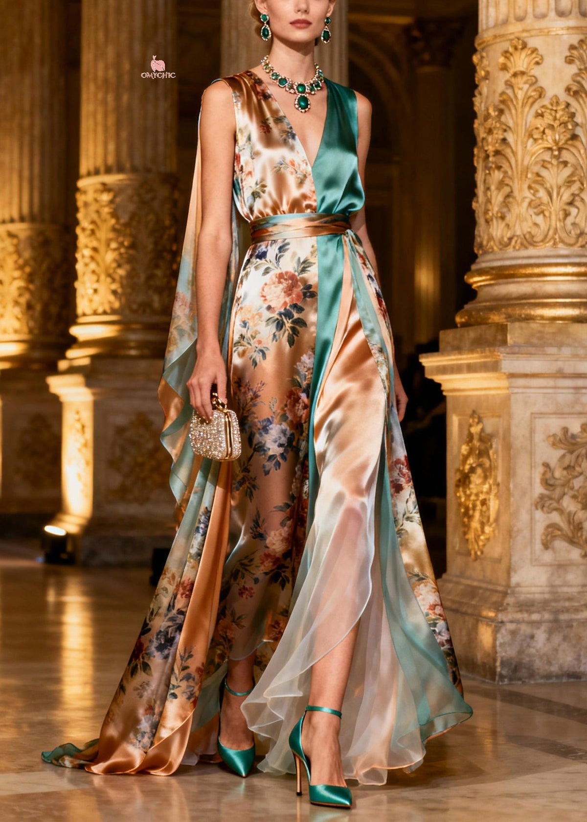 Floral Print V-Neck Cape Sleeve High Slit Maxi Gown