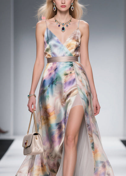 Spaghetti Strap Watercolor Print Side Slit Pleated Underlayer Maxi Dress