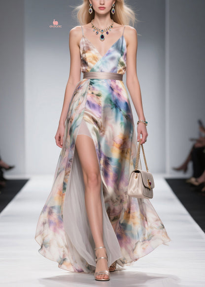 Spaghetti Strap Watercolor Print Side Slit Pleated Underlayer Maxi Dress