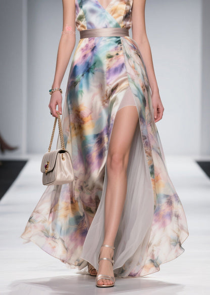 Spaghetti Strap Watercolor Print Side Slit Pleated Underlayer Maxi Dress