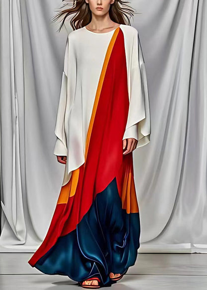 Round Neck Draped Wide Sleeve Abstract Colorblock Floor-Length Gown
