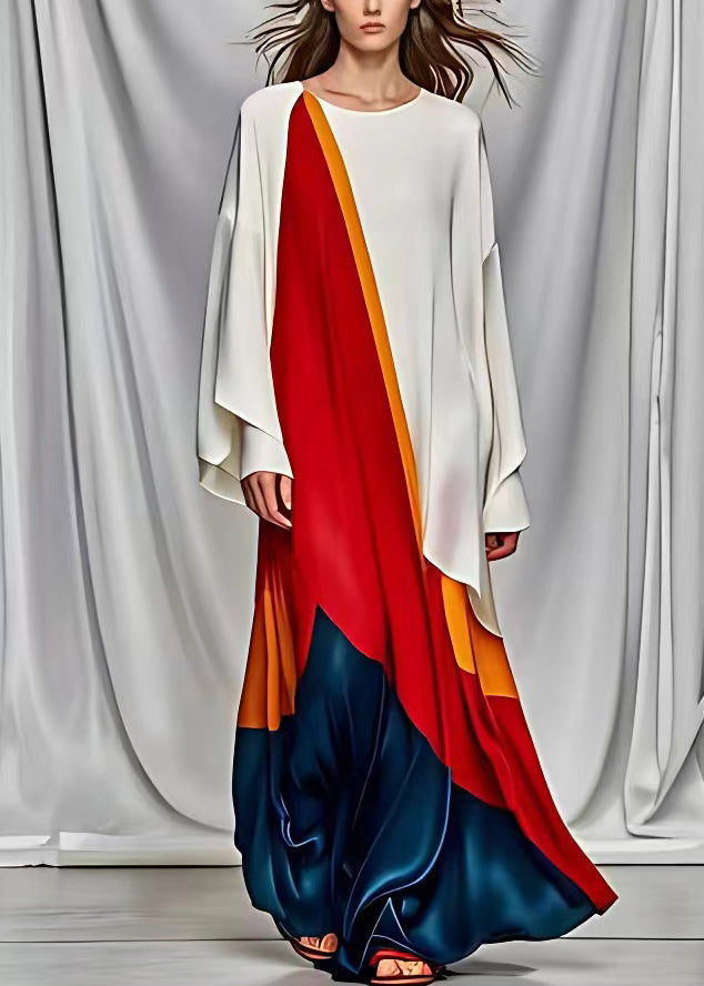 Round Neck Draped Wide Sleeve Abstract Colorblock Floor-Length Gown