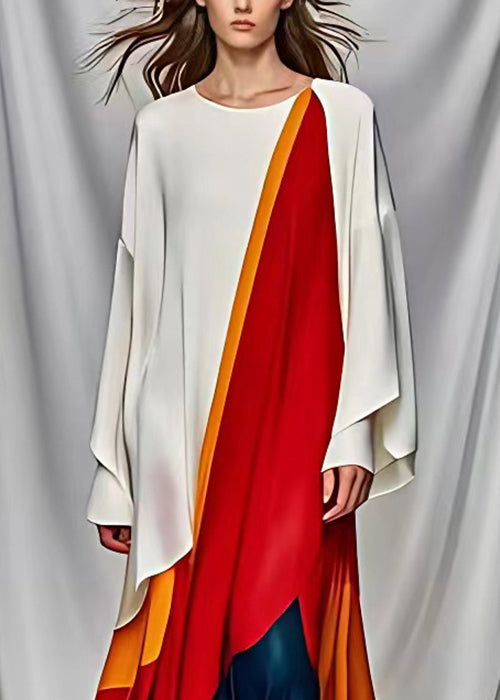 Round Neck Draped Wide Sleeve Abstract Colorblock Floor-Length Gown