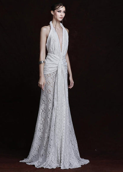 Halter Plunge V-Neck Floral Lace Knot Waist Thigh Slit Maxi Gown