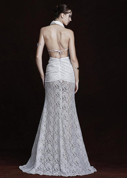 Halter Plunge V-Neck Floral Lace Knot Waist Thigh Slit Maxi Gown