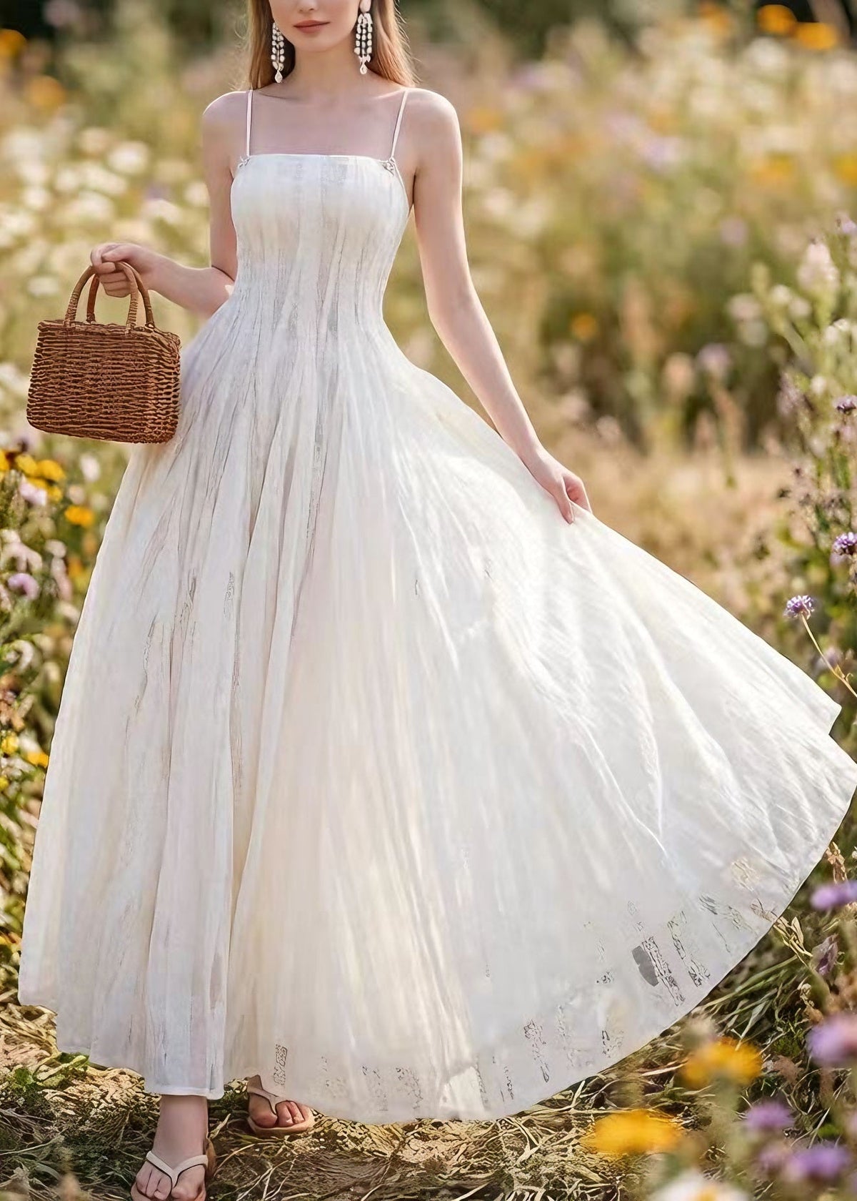 Square Neck Crinkle Pleated Spaghetti Strap A Line Maxi Dress