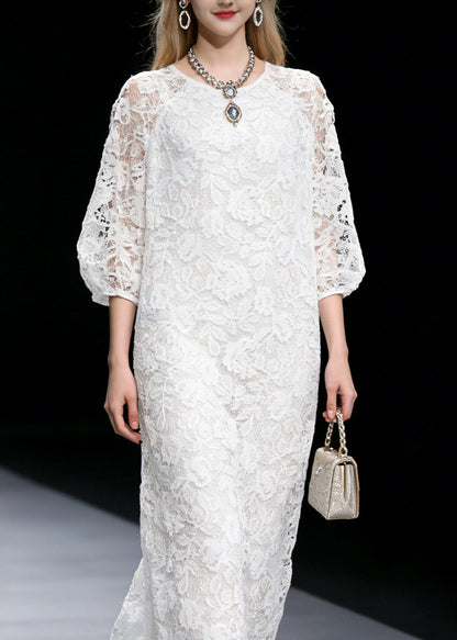 Round Neck Puff Sleeve Scalloped Hem Floral Lace Floor-Length Gown