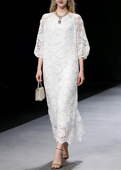 Round Neck Puff Sleeve Scalloped Hem Floral Lace Floor-Length Gown