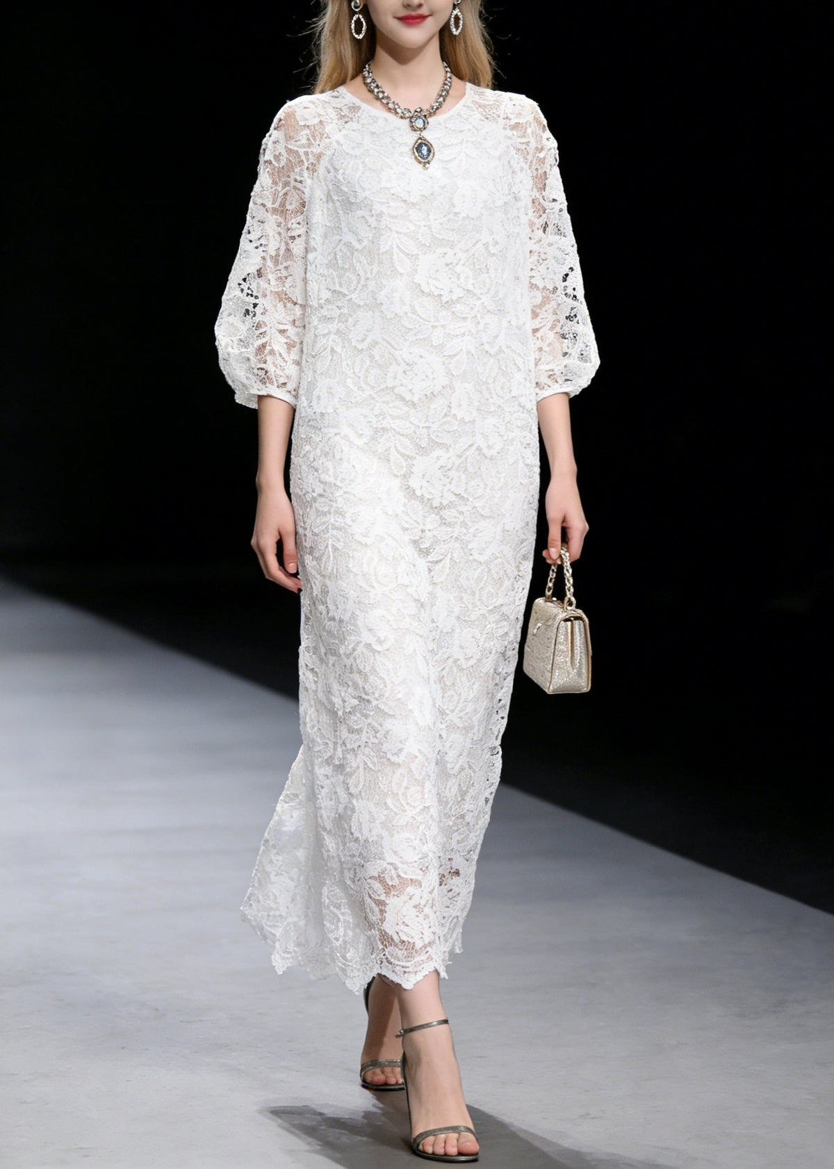 Round Neck Puff Sleeve Scalloped Hem Floral Lace Floor-Length Gown