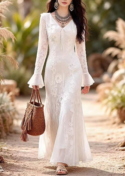V-Neck Ruffled Collar Tie Bell Sleeve Floral Lace Maxi Dress