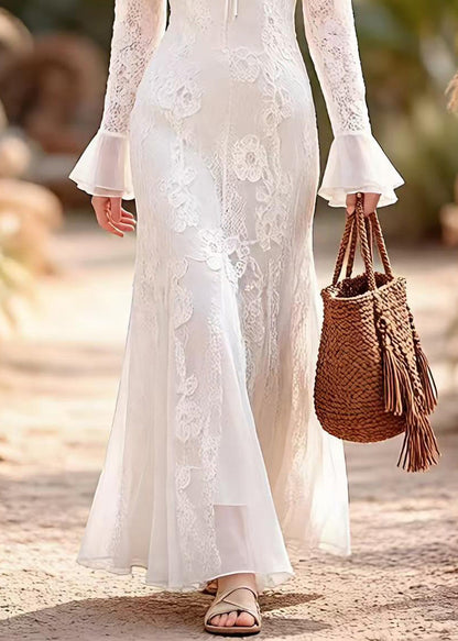 V-Neck Ruffled Collar Tie Bell Sleeve Floral Lace Maxi Dress