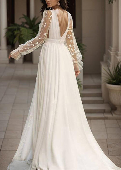 Deep V-Neck Floral Embroidery Mesh Sleeve Band Waist Slit Chiffon Maxi Gown