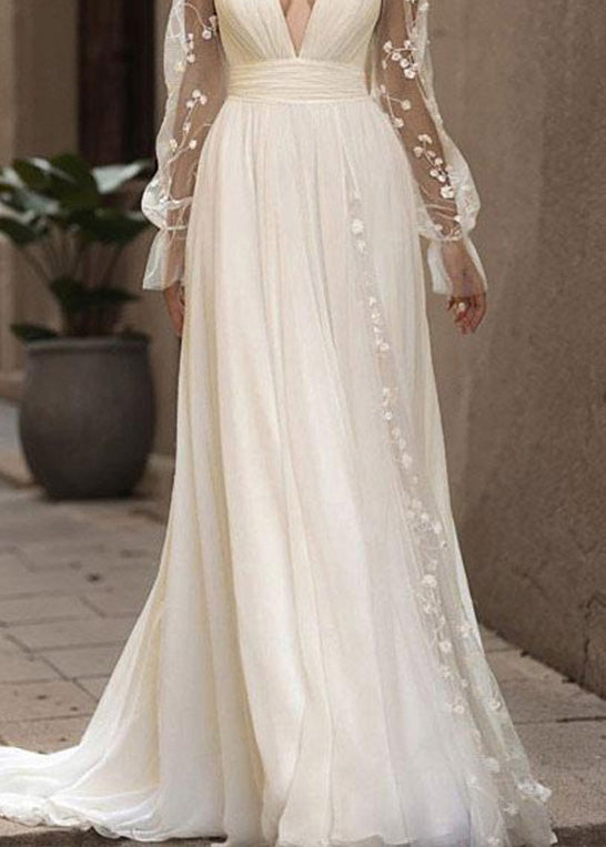 Deep V-Neck Floral Embroidery Mesh Sleeve Band Waist Slit Chiffon Maxi Gown