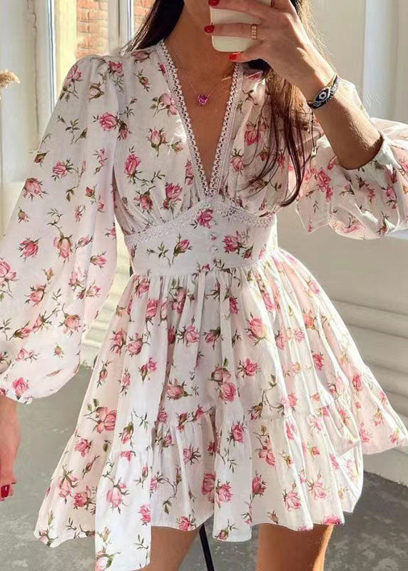 V-Neck Lace Trim Puff Sleeve Button Waistband Floral Mini Dress