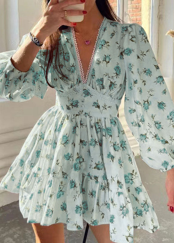 V-Neck Lace Trim Puff Sleeve Button Waistband Floral Mini Dress