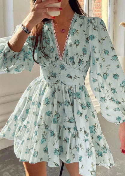 V-Neck Lace Trim Puff Sleeve Button Waistband Floral Mini Dress