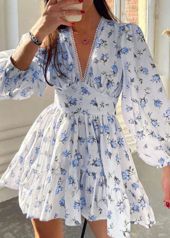 V-Neck Lace Trim Puff Sleeve Button Waistband Floral Mini Dress