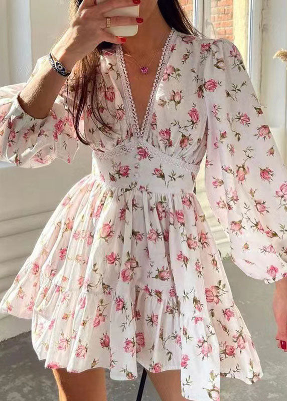 V-Neck Lace Trim Puff Sleeve Button Waistband Floral Mini Dress