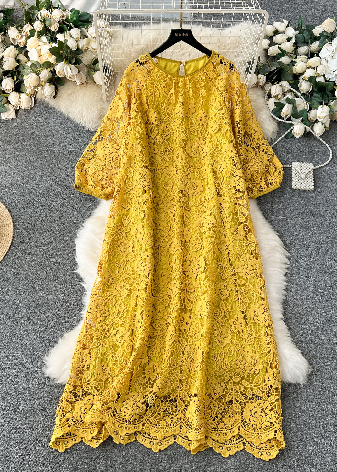 Round Neck Puff Sleeve Floral Lace Scalloped Hem Midi Dress