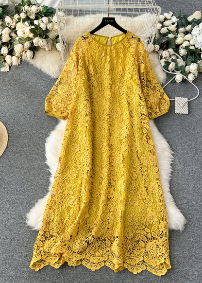 Round Neck Puff Sleeve Floral Lace Scalloped Hem Midi Dress