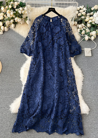 Round Neck Puff Sleeve Floral Lace Scalloped Hem Midi Dress
