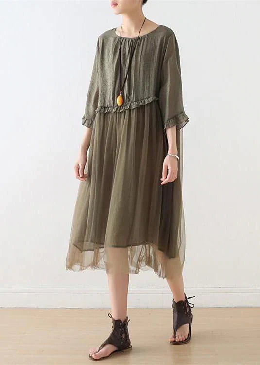 Round Neck Short Sleeve Mesh Overlay Ruffle Waist Linen Midi Dress