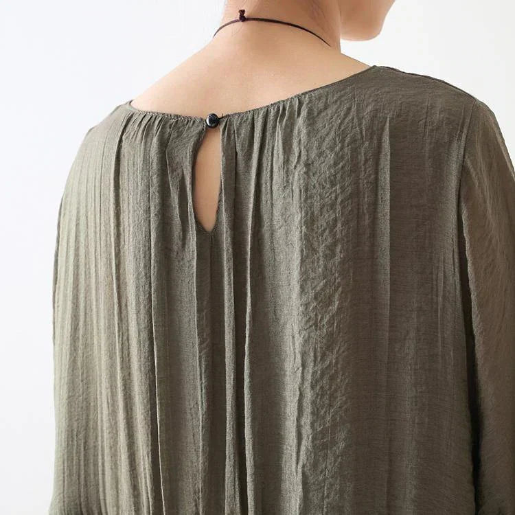 Round Neck Short Sleeve Mesh Overlay Ruffle Waist Linen Midi Dress