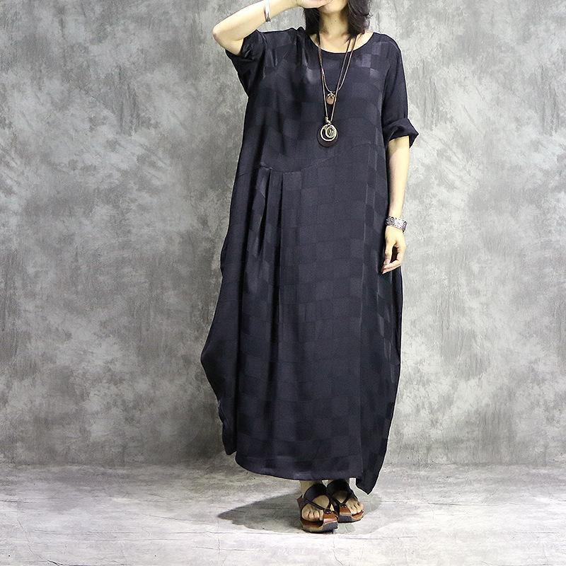 Round Neck Short Sleeve Jacquard Check Cocoon Pleated Maxi Dress