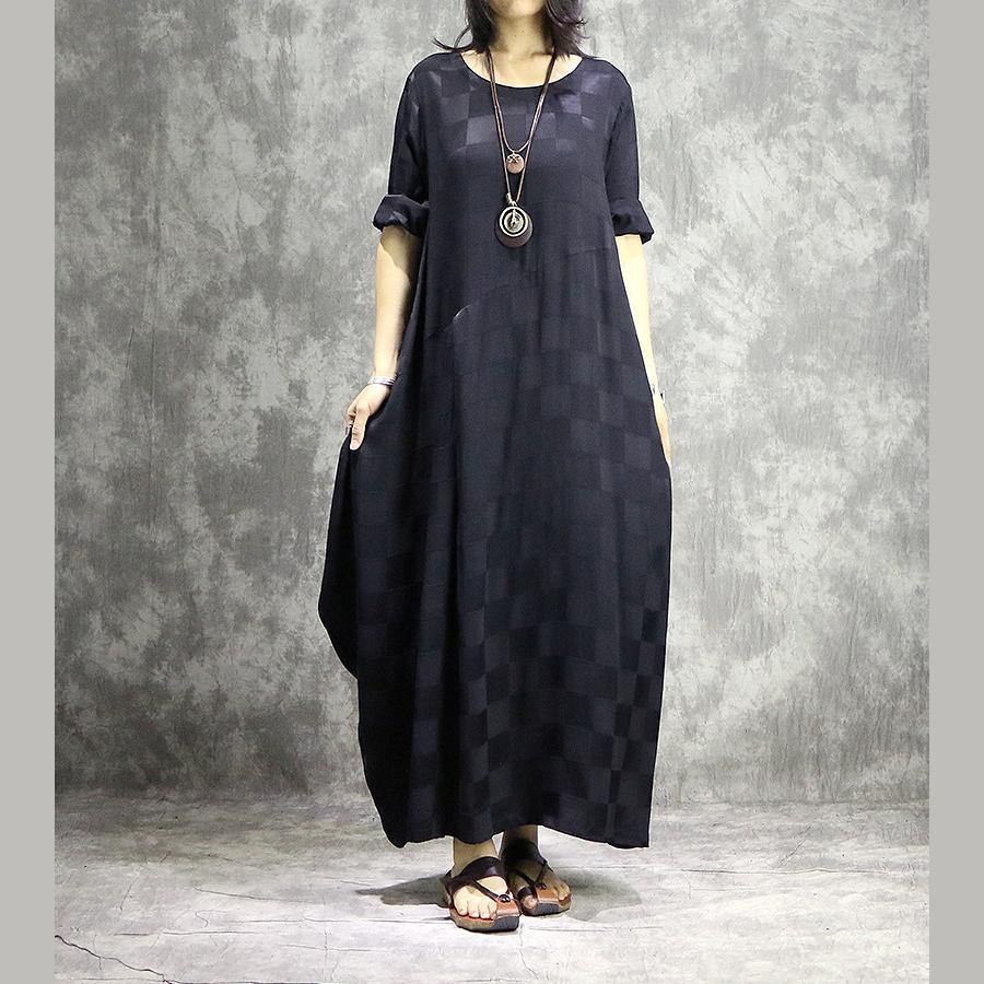 Round Neck Short Sleeve Jacquard Check Cocoon Pleated Maxi Dress