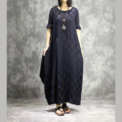 Round Neck Short Sleeve Jacquard Check Cocoon Pleated Maxi Dress