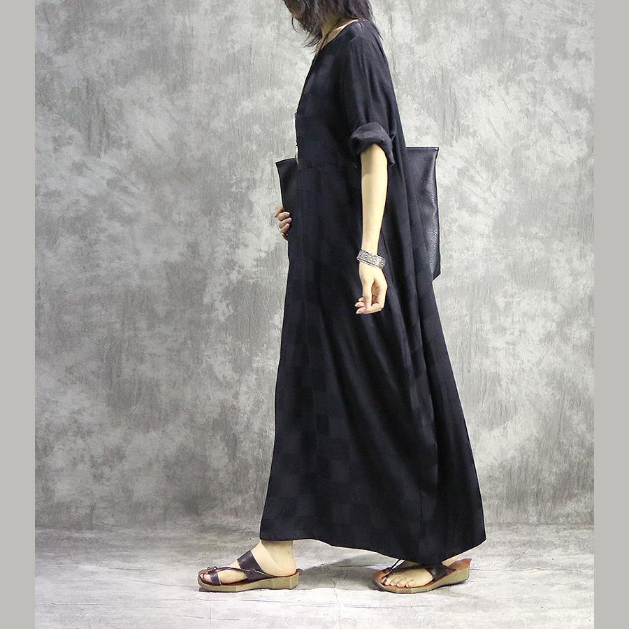 Round Neck Short Sleeve Jacquard Check Cocoon Pleated Maxi Dress