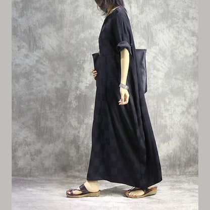 Round Neck Short Sleeve Jacquard Check Cocoon Pleated Maxi Dress
