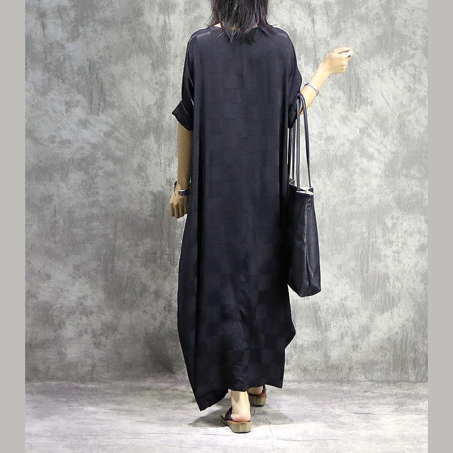 Round Neck Short Sleeve Jacquard Check Cocoon Pleated Maxi Dress