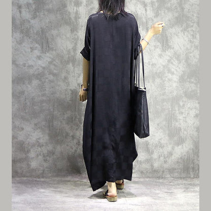 Round Neck Short Sleeve Jacquard Check Cocoon Pleated Maxi Dress