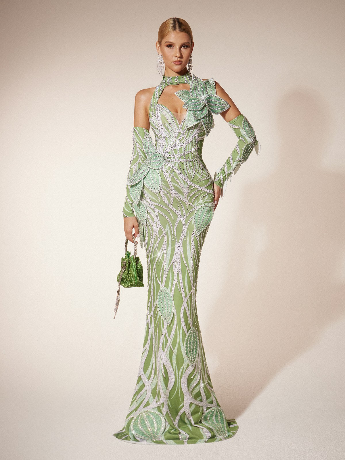 Halter Choker Keyhole Leaf Applique Sequin Mermaid Gown with Gauntlet Sleeves