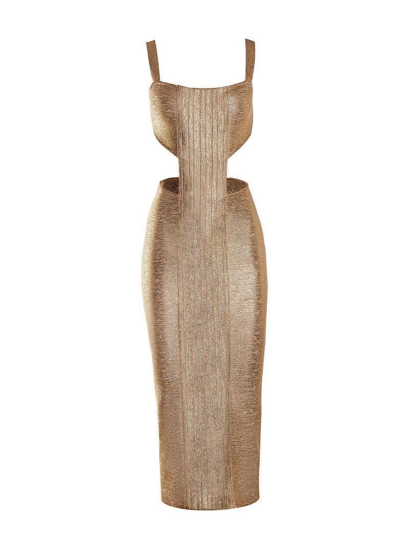 Scoop Neck Wide Strap Side Cutout Metallic Bandage Midi Dress